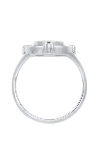 Sølvring med en glat bånd og en rund indstilling med tre accentdetaljer, poleret finish og et minimalistisk design.