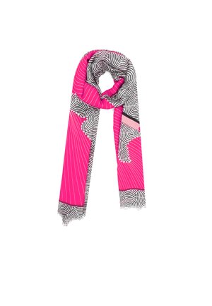 Sciarpa rosa e nera con motivo a spirali e strisce diagonali, realizzata in tessuto leggero con estremità frangiate.