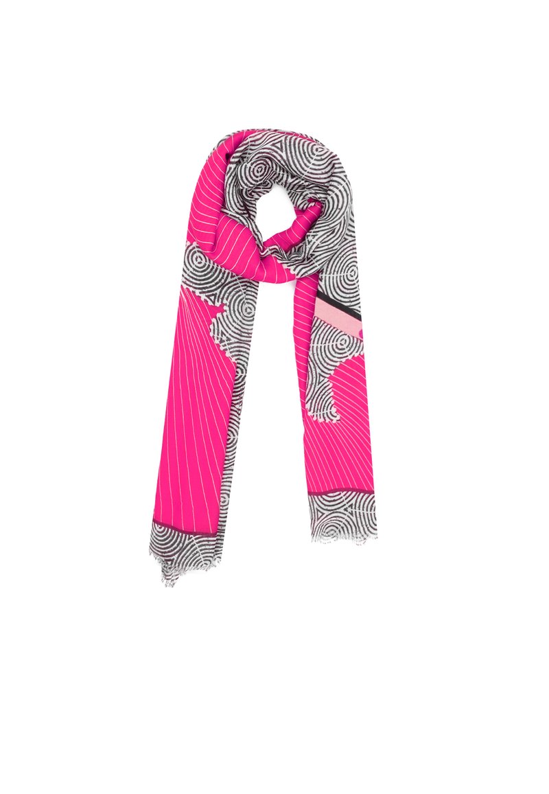 Sciarpa rosa e nera con motivo a spirali e strisce diagonali, realizzata in tessuto leggero con estremità frangiate.