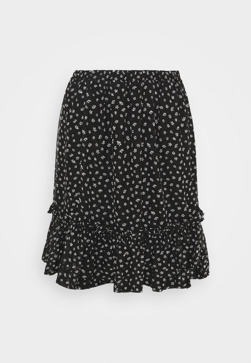 Jupe noire à imprimé floral blanc, taille élastique et volants superposés à l'ourlet. Confectionnée en tissu léger avec une texture apparente.