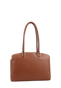 Bruine leren handtas met twee lange hengsels, rechthoekige vorm, gladde textuur, zilverkleurige hardware en minimalistisch ontwerp.