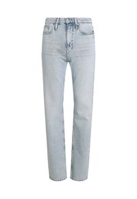 Jeans de mezclilla azul claro con corte recto, cintura alta y un desgaste mínimo. Cuenta con bolsillos estándar y cierre frontal con botón.