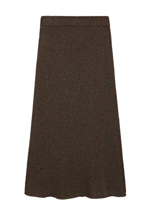 Brauner, gestrickter A-Linien-Midirock mit tailliertem Bund und welligem Saum.