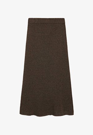 Brun strikket A-formet midi-nederdel med en tætsiddende talje og en bølget kant.