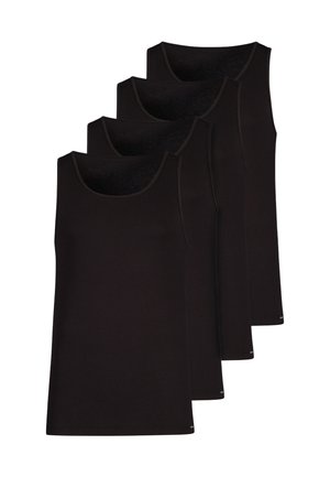 Vier schwarze Tanktops mit Rundhalsausschnitt, aus weichem Stoff, ohne sichtbare Muster oder Verzierungen, im regulären Schnitt.