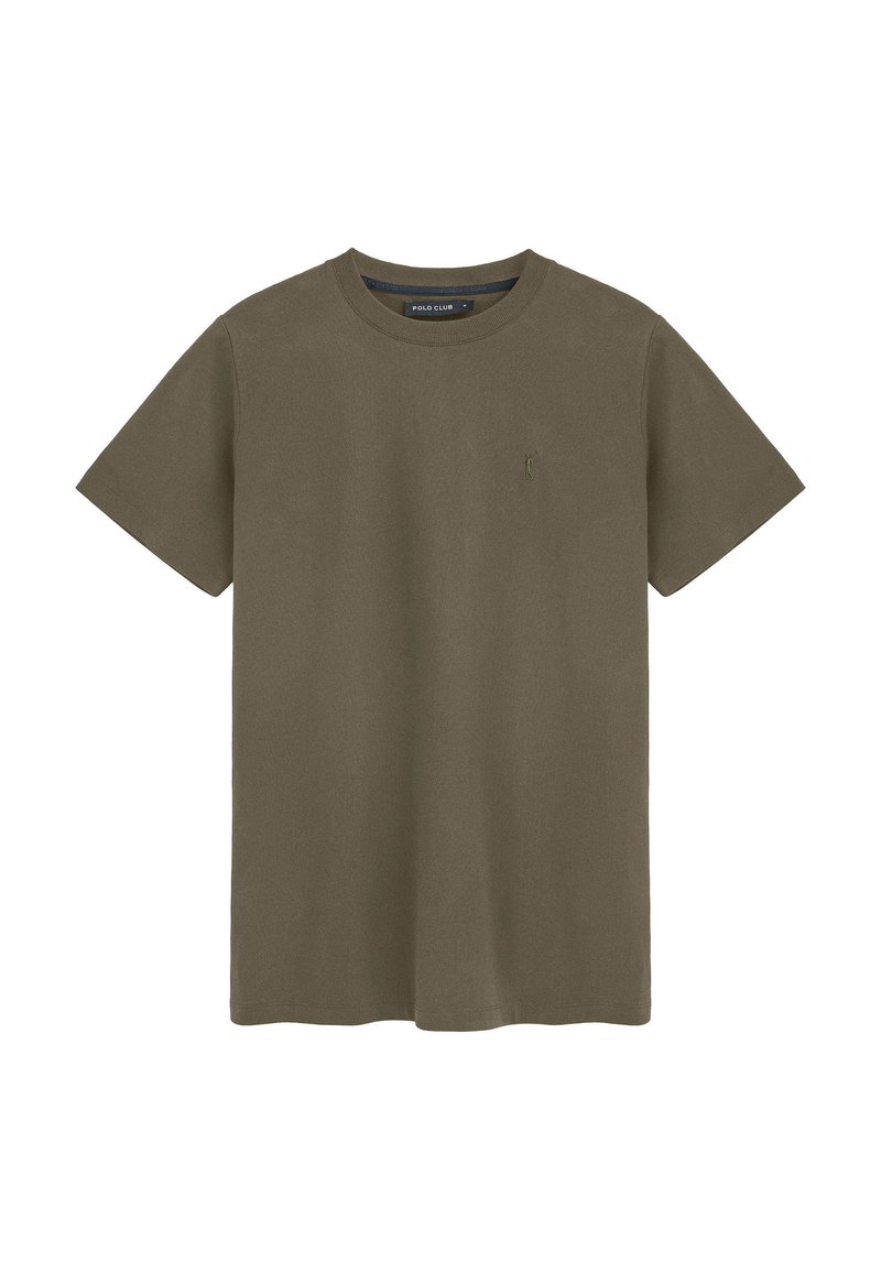 Olivgrünes Baumwoll-T-Shirt mit kurzen Ärmeln, Rundhalsausschnitt und einem kleinen gestickten Logo auf der linken Brust. Weiche Textur, lässiges Design.