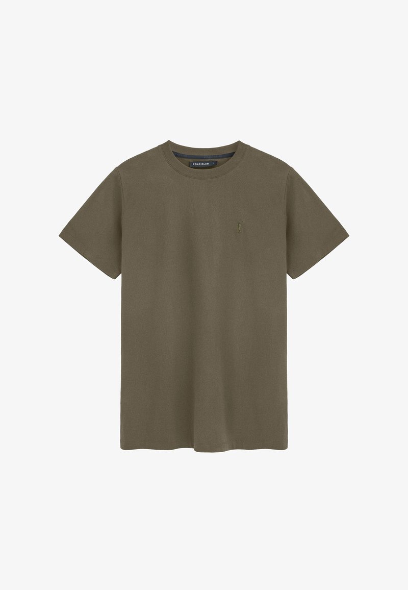 Olivgrünes Baumwoll-T-Shirt mit kurzen Ärmeln, Rundhalsausschnitt und einem kleinen gestickten Logo auf der linken Brust. Weiche Textur, lässiges Design.