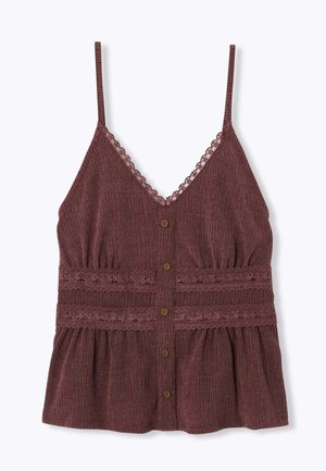 Haut sans manches texturé couleur marron avec fines bretelles, fermeture boutonnée devant, encolure festonnée et deux bandes horizontales en dentelle à la taille.