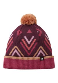 Knitted beanie in burgundy with a patterned design featuring pink and orange chevrons. Accented with a beige ribbed cuff and pom-pom on top.