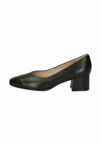 Black leather pump with a rounded toe, a mid-height block heel, and a smooth texture. Simple design with no visible embellishments.