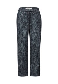 Pantaloni cropped di color blu scuro con una superficie testurizzata e a motivo, con accenti di blu chiaro e una vita elastica con coulisse.