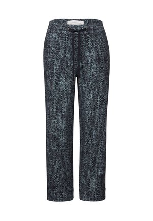Pantalons cropped bleu foncé avec une surface texturée et à motifs, mettant en valeur des accents bleu clair et une taille élastique avec cordon de serrage.