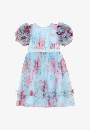 Hellblaues florales Kleid mit aufgepufften Rüschenärmeln, tailliertem Schnitt und geschichteten Rockvolants in Rosa- und Blautönen.