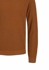 Maglione marrone a coste con scollo tondo e maniche lunghe, realizzato in tessuto a maglia testurizzato con orlo aderente. Design semplice.