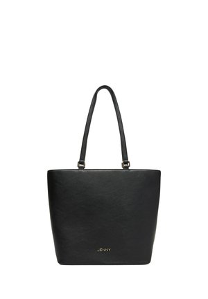 Czarna skórzana torba typu tote z dwoma paskami na ramię i złotym logo „JENNY” umieszczonym na środku blisko dołu.
