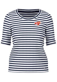 Navy and white striped short-sleeve t-shirt with lobster embroidery on the chest. Round neckline and rolled cuffs. Soft cotton fabric.
