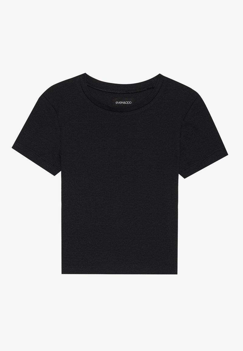 T-shirt nera in cotone con maniche corte, texture a costine e scollo rotondo. Design semplice e aderente, adatto per un abbigliamento casual.