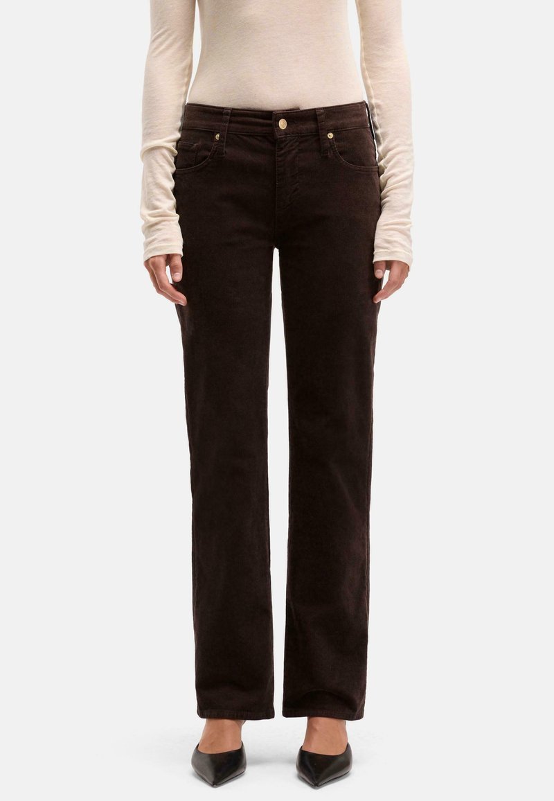 Pantaloni in corduroy marrone con taglio dritto, dotati di zip e tasche frontali piatte, con piccoli dettagli in metallo.