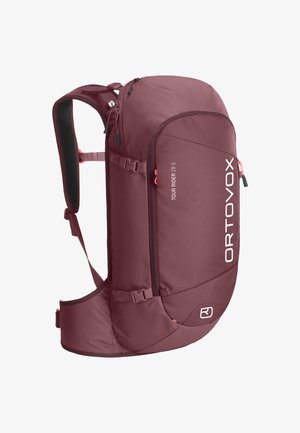 Maroon backpack with a sleek, ergonomic design, featuring multiple zippers, adjustable straps, and a prominent logo on the side.