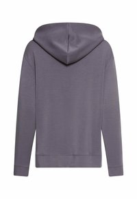 Kapuzenpullover aus weichem, meliertem Lavendelstoff. Verfügt über lange Ärmel, eine Kängurutasche und gerippte Bündchen mit glatter Textur.