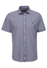 Camicia a maniche corte, con bottoni, in tessuto a quadri blu e bianchi. Presenta un colletto classico e un piccolo logo ricamato sul petto.