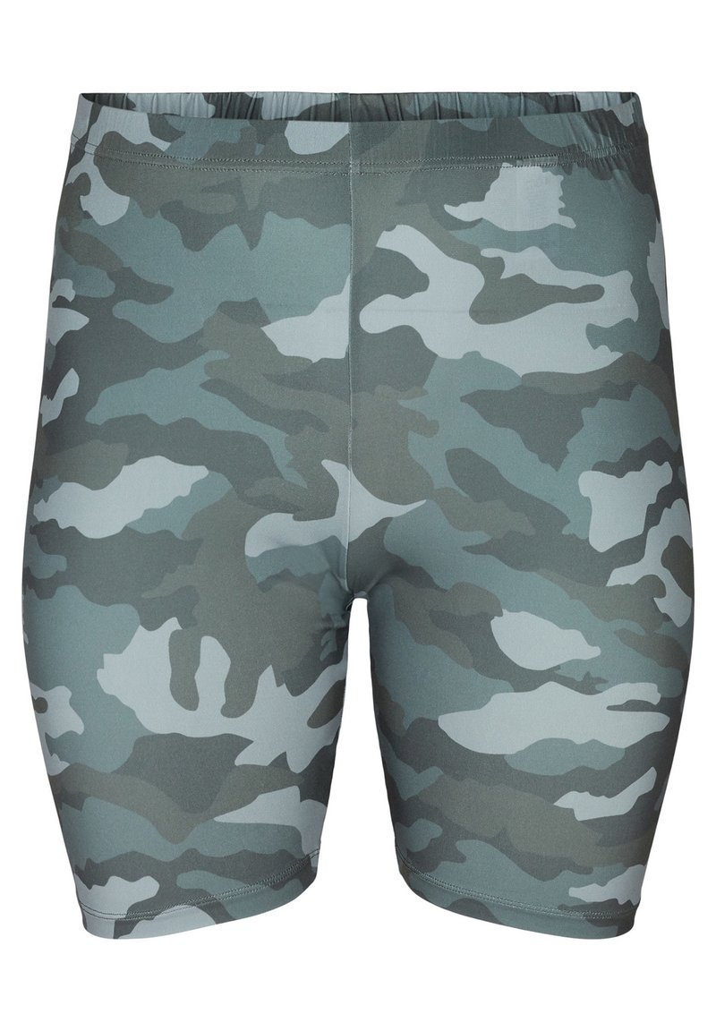 Shorts de sport à taille élastique, motif camouflage gris et vert, longueur mi-cuisse et texture de tissu lisse.
