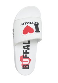 Sandale blanche à enfiler avec le texte "I love Buffalo" et un cœur rouge sur la bride et la semelle.