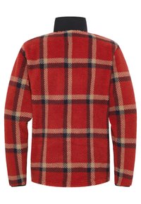 Rode geruite fleece jas met een zachte textuur, groot ruitpatroon met zwarte en beige lijnen en een staande kraag.