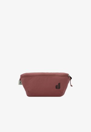 Rechteckige Kosmetiktasche in gedämpftem Rosaton, aus strukturiertem Stoff mit einem Reißverschluss und einem schwarzen Logoakzent an der Seite.