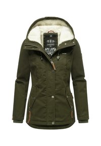 Olive green parka jacket with a faux fur-lined hood, zip and snap closures, multiple pockets, and ribbed cuffs. Features a stylish interior label design.