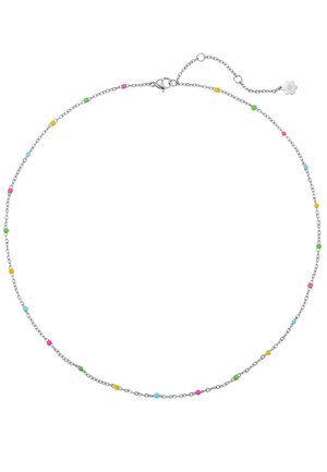 Silberne Halskette mit kleinen, gleichmäßig angeordneten, mehrfarbigen Perlen, mit Karabinerverschluss und verstellbarer Kette mit blumenförmigem Anhänger.