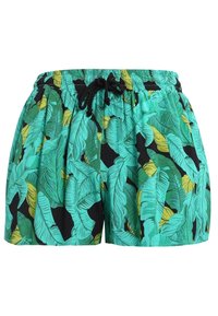 Shorts de bain à motifs verts et jaunes en tissu léger, avec un fond noir et une taille ajustable avec un cordon de serrage.