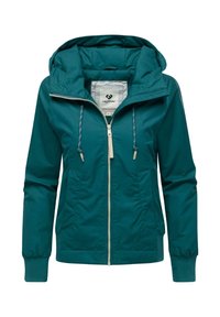 Giacca teal con cappuccio, zip frontale, due aperture per tasche e polsini elasticizzati. Presenta una fodera e dettagli con lacci sul cappuccio.