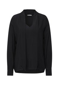 Schwarze Bluse mit langen Ärmeln, V-Ausschnitt, offener Front und gefalteten Ärmeln. Hergestellt aus glattem Stoff, bietet sie eine lockere Passform und ein minimales Design.
