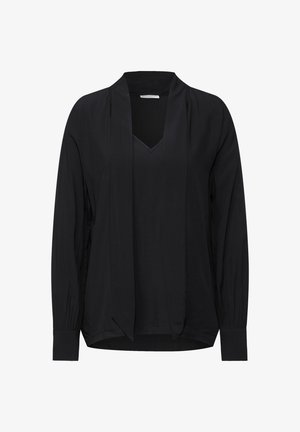 Schwarze Bluse mit langen Ärmeln, V-Ausschnitt, offener Front und gefalteten Ärmeln. Hergestellt aus glattem Stoff, bietet sie eine lockere Passform und ein minimales Design.