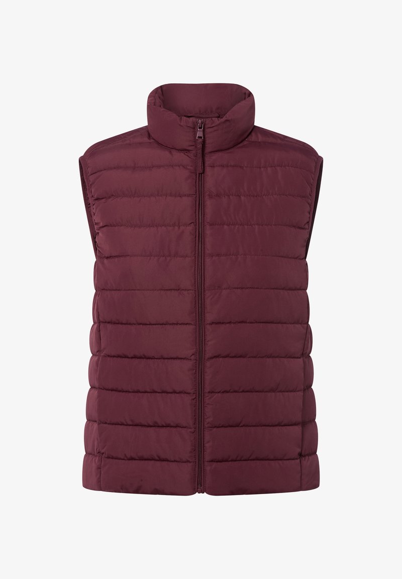 Gilet matelassé sans manches bordeaux avec un matelassage horizontal et une fermeture zippée à l'avant, doté d'un col montant pour plus de chaleur.
