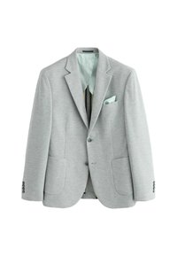 Hellgrauer Blazer mit Reverskragen, zwei vorderen Taschen und Knopfärmeln. Verfügt über ein mintgrünes Innenfutter und ein passendes Einstecktuch.