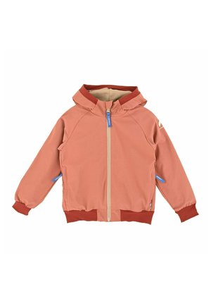 Giacca con cappuccio color rosa salmone con cerniera frontale, polsini e orlo a costine, e cursori delle cerniere blu sulle tasche e davanti.