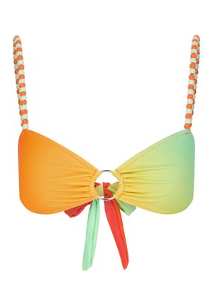 Bikini horní část s gradientním přechodem z oranžové do zelené barvy, s předním detaily ve tvaru smyčky a zavazováním v červené a zelené barvě, doplněná korálkovými ramínky.