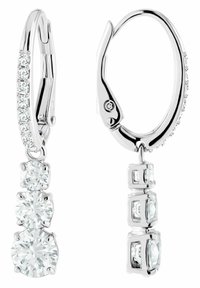 Silver hoop earrings with three dangling gemstones: two round and one rectangular, accentuated by smaller clear stones on the hoop.