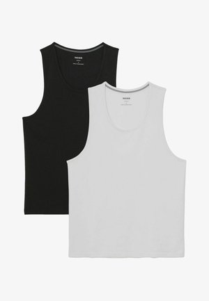 Des débardeurs en coton noir et blanc, avec un col arrondi et sans manches. Chacun d'eux possède un fin accent rayé au niveau du cou.