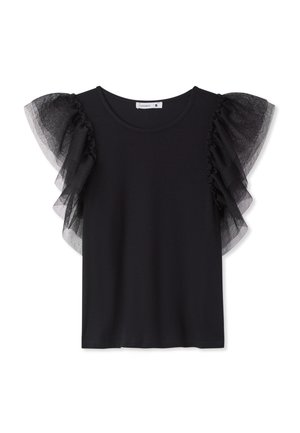 Top nero a maniche corte con maniche a volant a strati trasparenti e scollo rotondo, taglia piccola, mostrato su sfondo bianco.