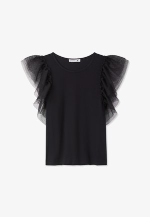 Top nero a maniche corte con maniche a volant a strati trasparenti e scollo rotondo, taglia piccola, mostrato su sfondo bianco.