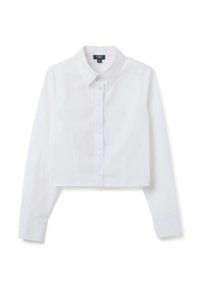 Weiße, kurze Bluse mit langen Ärmeln, Knopfverschluss vorne, klassischem Kragen, glatter Textur und ohne Muster oder Akzente. Minimalistisches Design.