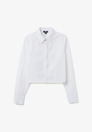 Witte cropped shirt, lange mouwen, knoopsluiting aan de voorkant, klassieke kraag, gladde textuur en geen patronen of accenten. Minimalistisch ontwerp.