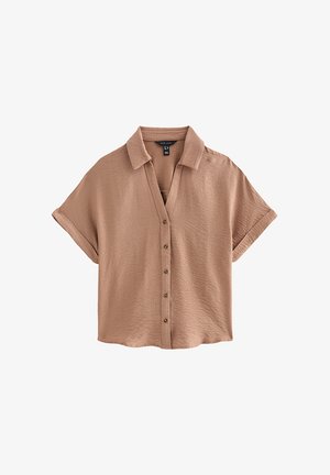 New Look, CRINKLE TEXTURE V-NECK SHORT SLEEVE SHIRT - Hemdbluse - mink