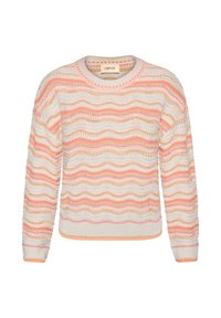 Pull en maille ondulée couleur crème avec des rayures roses et orange, col rond, poignets et ourlet côtelés. Tissu texturé avec des détails en maille ajourée.