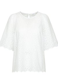 Blouse blanche à manches courtes avec broderie ajourée, bords festonnés, col rond et fermeture boutonnée dans le dos.