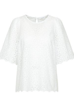 Blouse blanche à manches courtes avec broderie ajourée, bords festonnés, col rond et fermeture boutonnée dans le dos.