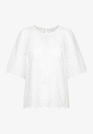 Weiße Kurzarmbluse mit Lochstickerei, gewellten Kanten, rundem Ausschnitt und Rücken mit Knopfverschluss.